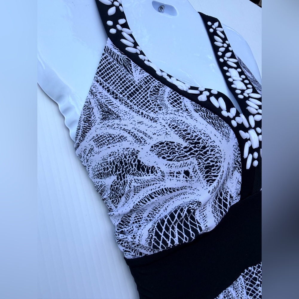 Style & Co. Black & White Beaded Paisley Print Maxi Dress Size PL - Picture 6 of 10